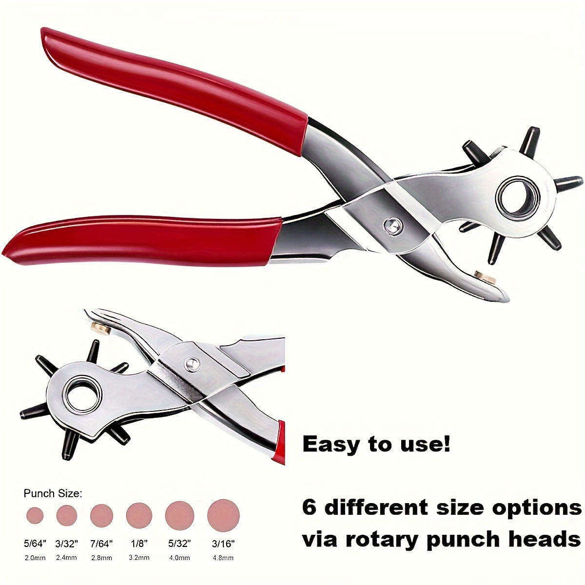 6 Sized 9'' Leather Hole Punch Heavy Duty Hand Pliers Belt Holes