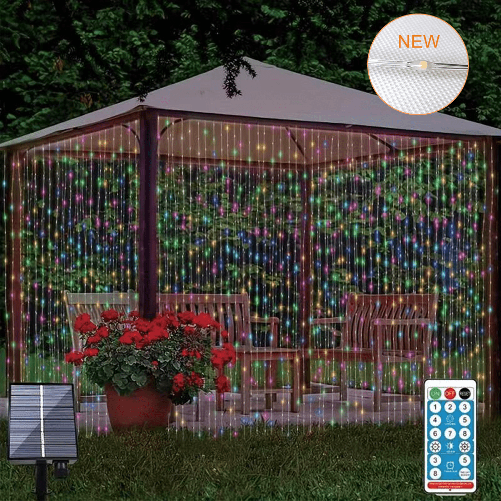 1pc 300 leds solar curtain light rubber insulated wire outdoor remote control light 8 lighting modes fairy lights ip68 waterproof copper wire lights christmas party wedding home bedroom garden wall decor details 1