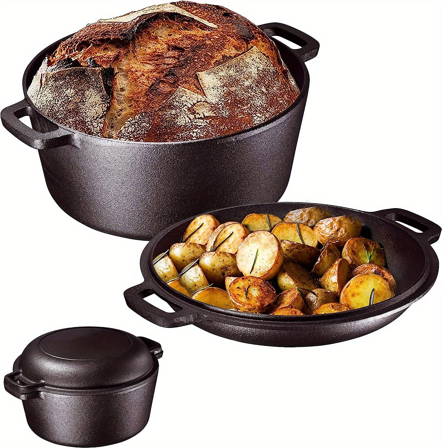 1 pan dutch oven combo set   iron dutch oven cast iron frying pan frying pan   used as lid to cover dutch oven 2 in 1 pre   dutch oven with   lid for induction electric grill stovetop bbq camping 5 quart cast iron double pre   multi cooker deep pan 10   frying pan   to combo dutch oven grill stovetop lid details 1