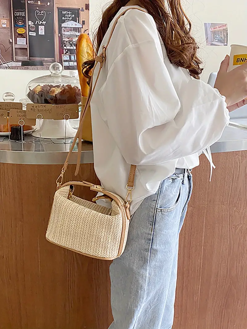 summer straw woven handbag boho style knitted clutch purse fashion crossbody bag for women travel vacation details 3