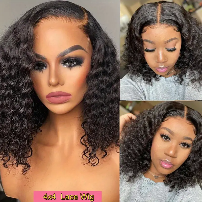 short bob wig wet and wavy water wave 4x4 lace closure wig brazilian transparent lace frontal human hair wigs for women 150 density 4 4 lace wig details 2