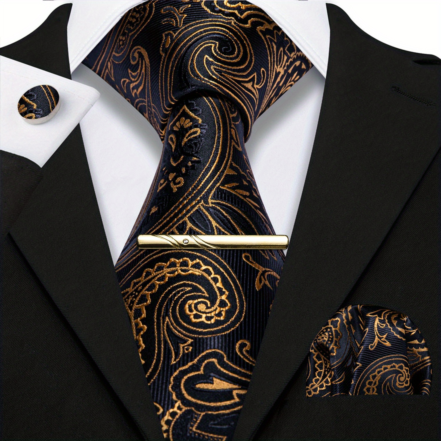 Black&Gold Silk Floral Paisley Necktie Set