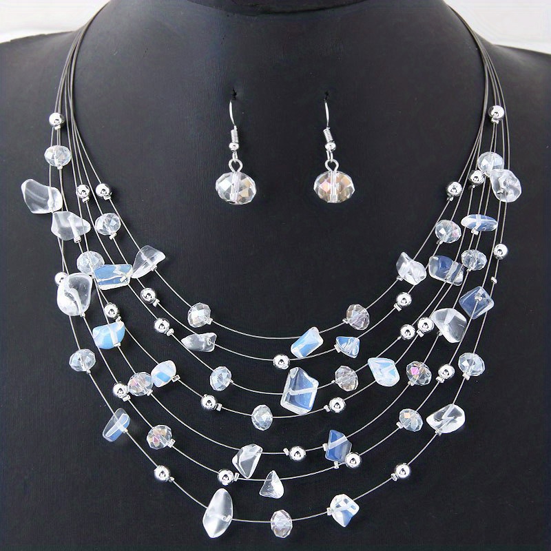 boho chic glittering crystal multi layer necklace and earrings set perfect gift for women   wear details 4