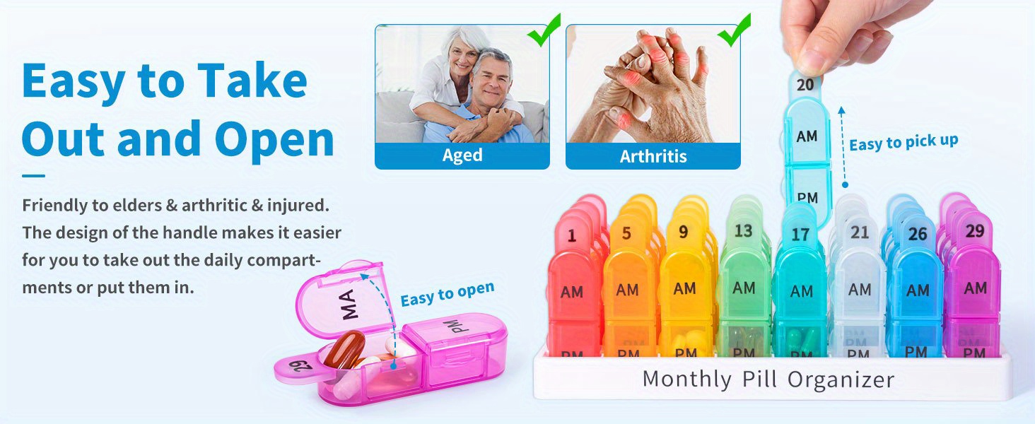 ASprink Pastillero mensual 2 veces al día, pastillero de 30 días, un mes,  AM PM, 31 días pastillero pequeño compartimento para guardar vitaminas