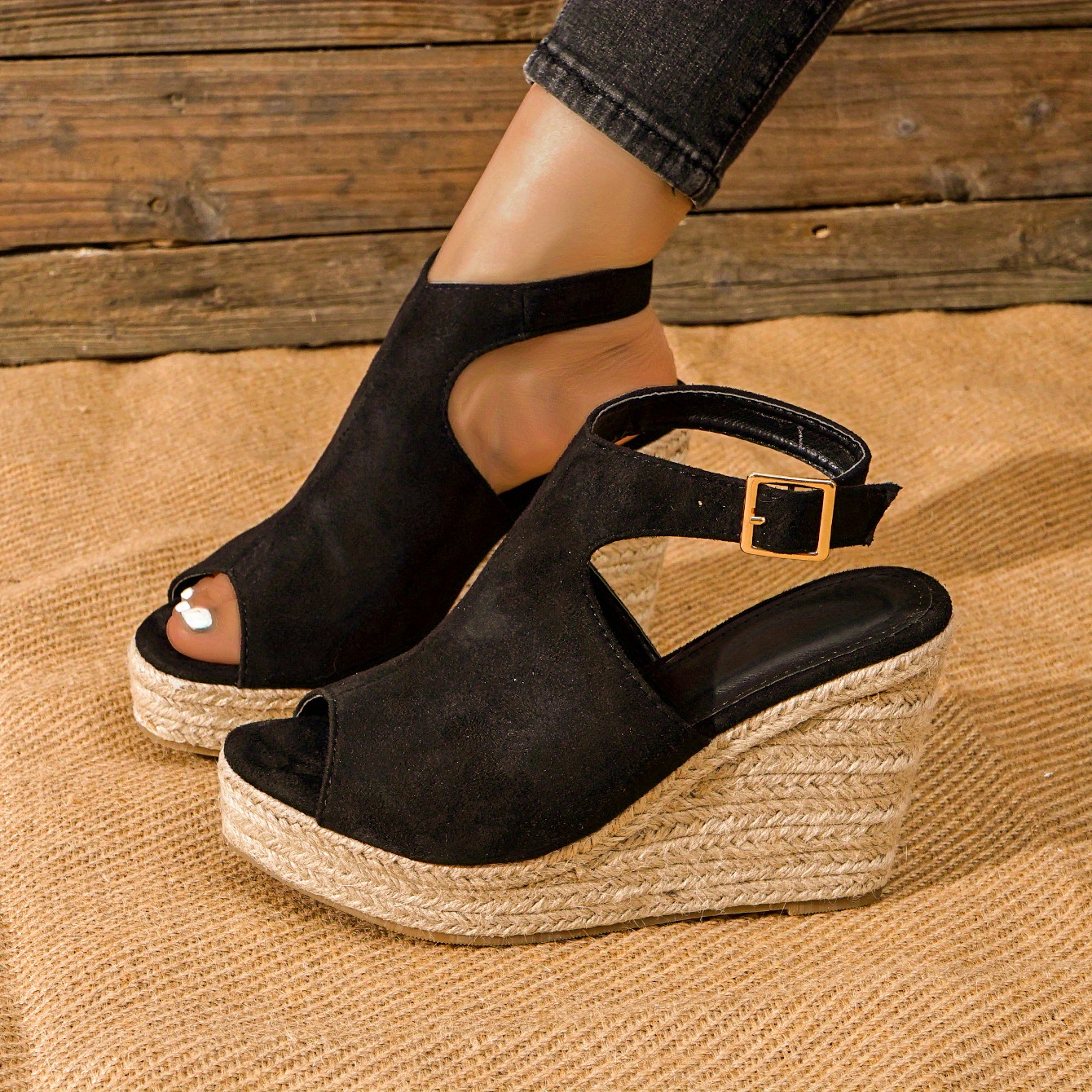 Buckled Espadrille Wedges - Brown