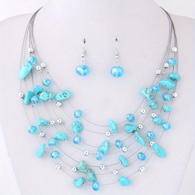 boho chic glittering crystal multi layer necklace and earrings set perfect gift for women   wear details 3