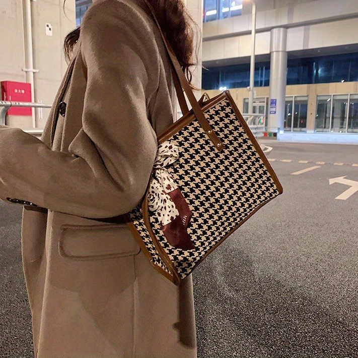 Houndstooth Pattern Tote Bag, Twilly Scarf Decor Shoulder Bag