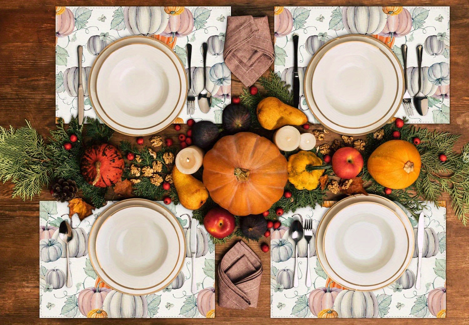 1 4 pcs autumn thanksgiving style table runner placemat pumpkin maple leaf printed tablecloth table table tv cabinet fireplace festive atmosphere decorative fabric supplies details 11