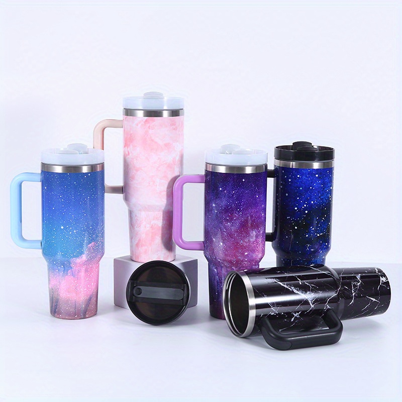 Marble Print Tumbler With Lid And Straw, Stainless Steel Thermal