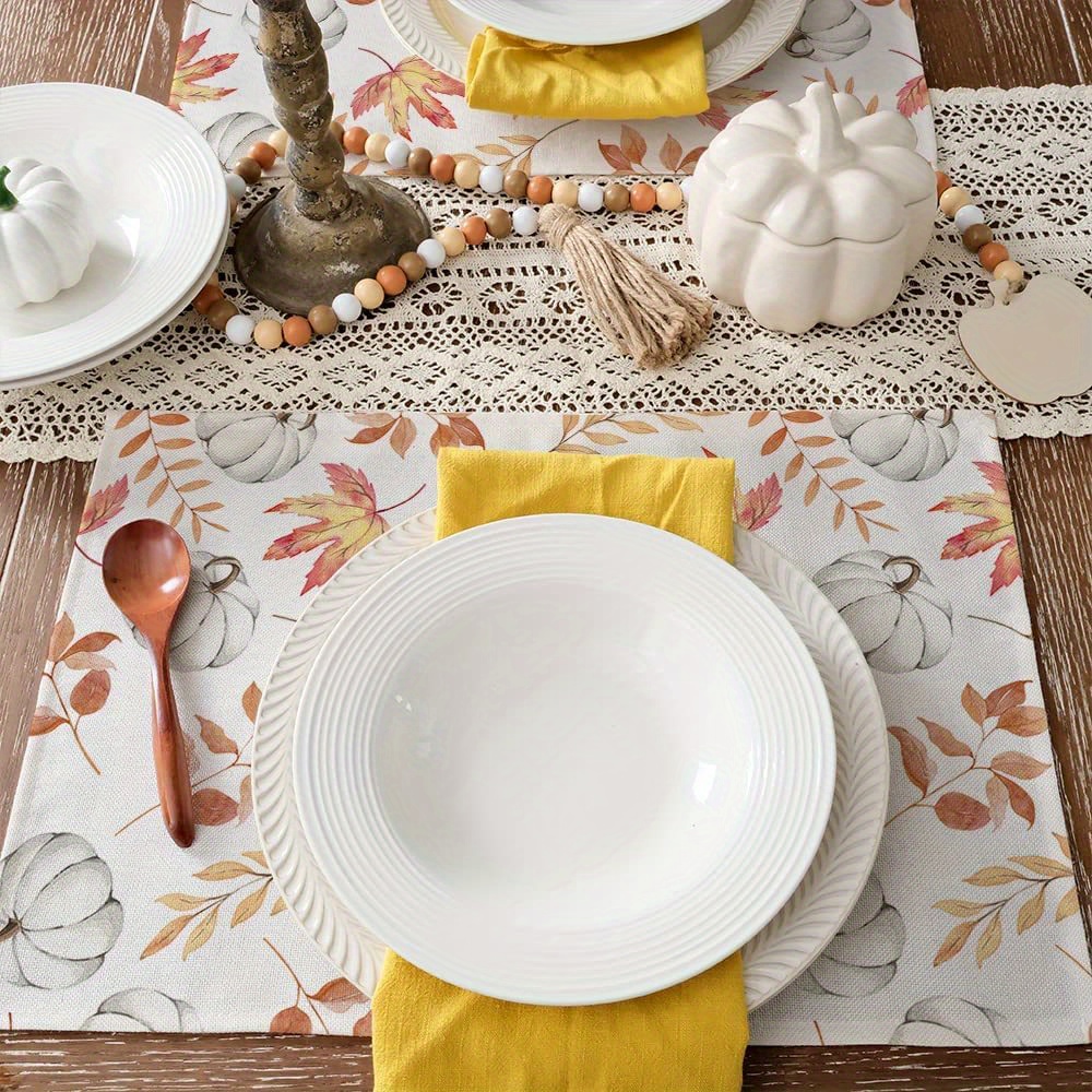 1 4 pcs autumn thanksgiving style table runner placemat pumpkin maple leaf printed tablecloth table table tv cabinet fireplace festive atmosphere decorative fabric supplies details 27