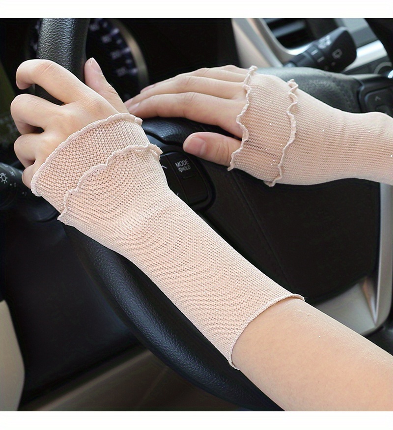 Long Satin Pleated Hook Sleeves Solid Color Wrinkle Stretchy Fingerless Gloves Halloween Women's Decorative Gloves,Temu