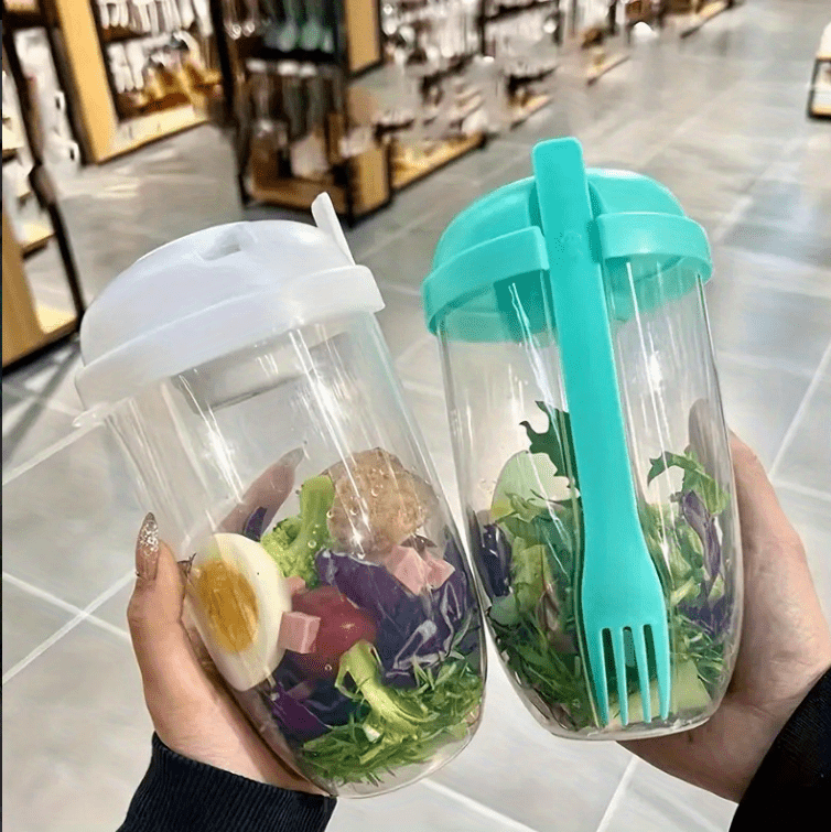 1pc White Portable Salad Cup With Cutlery And Dressing Container, Suitable  For Carrying Vegetable Or Fruit Salad On-the-go