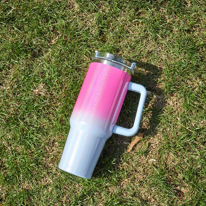 40 oz Tumbler With Handle and Straw Stainless Steel Gradient Rainbow