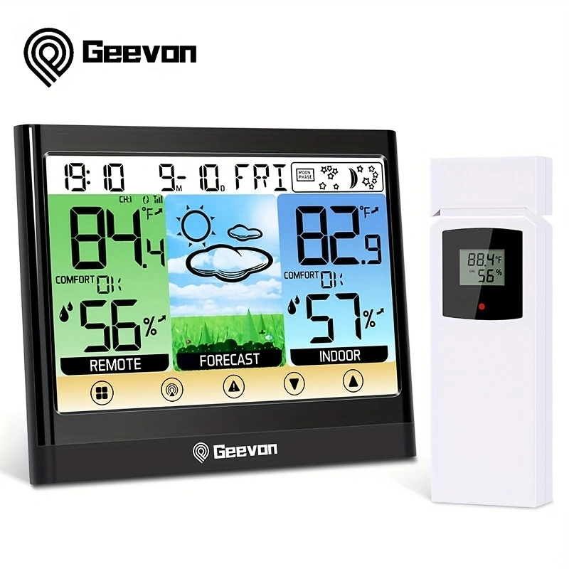Weather Station,Wireless Indoor Outdoor Thermometer,LCD Digital Display Weather  Thermometer with Temperature,Humidity,Calendar,4 Mode Weather Forecast,Snooze  Function Alarm Clock