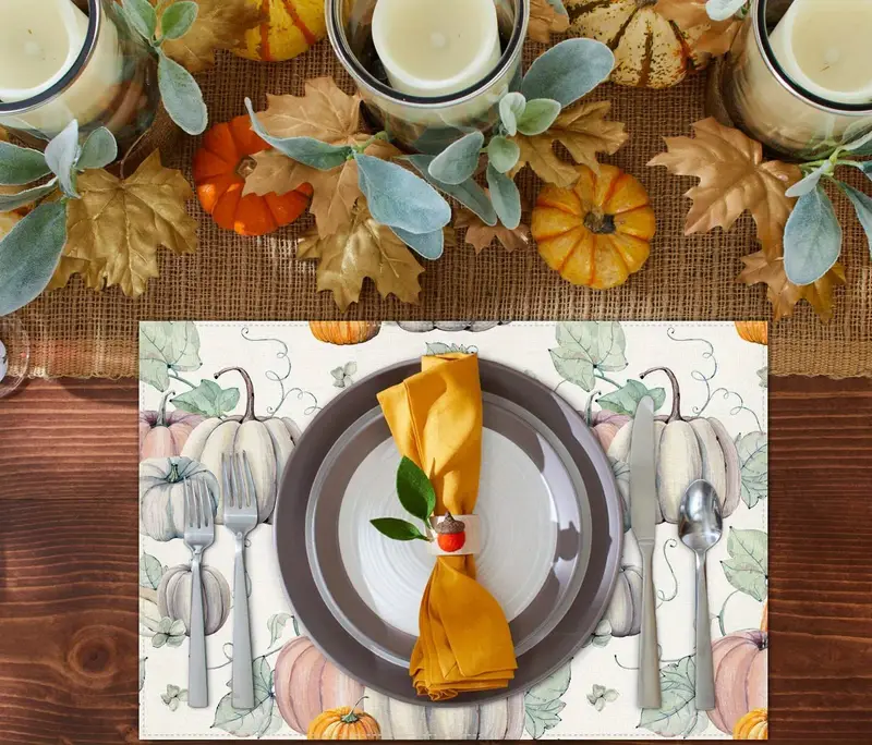 1 4 pcs autumn thanksgiving style table runner placemat pumpkin maple leaf printed tablecloth table table tv cabinet fireplace festive atmosphere decorative fabric supplies details 12