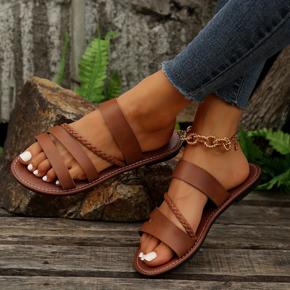 Women's Braided Flat Slide Sandals Open Toe Faux Leather Non Temu