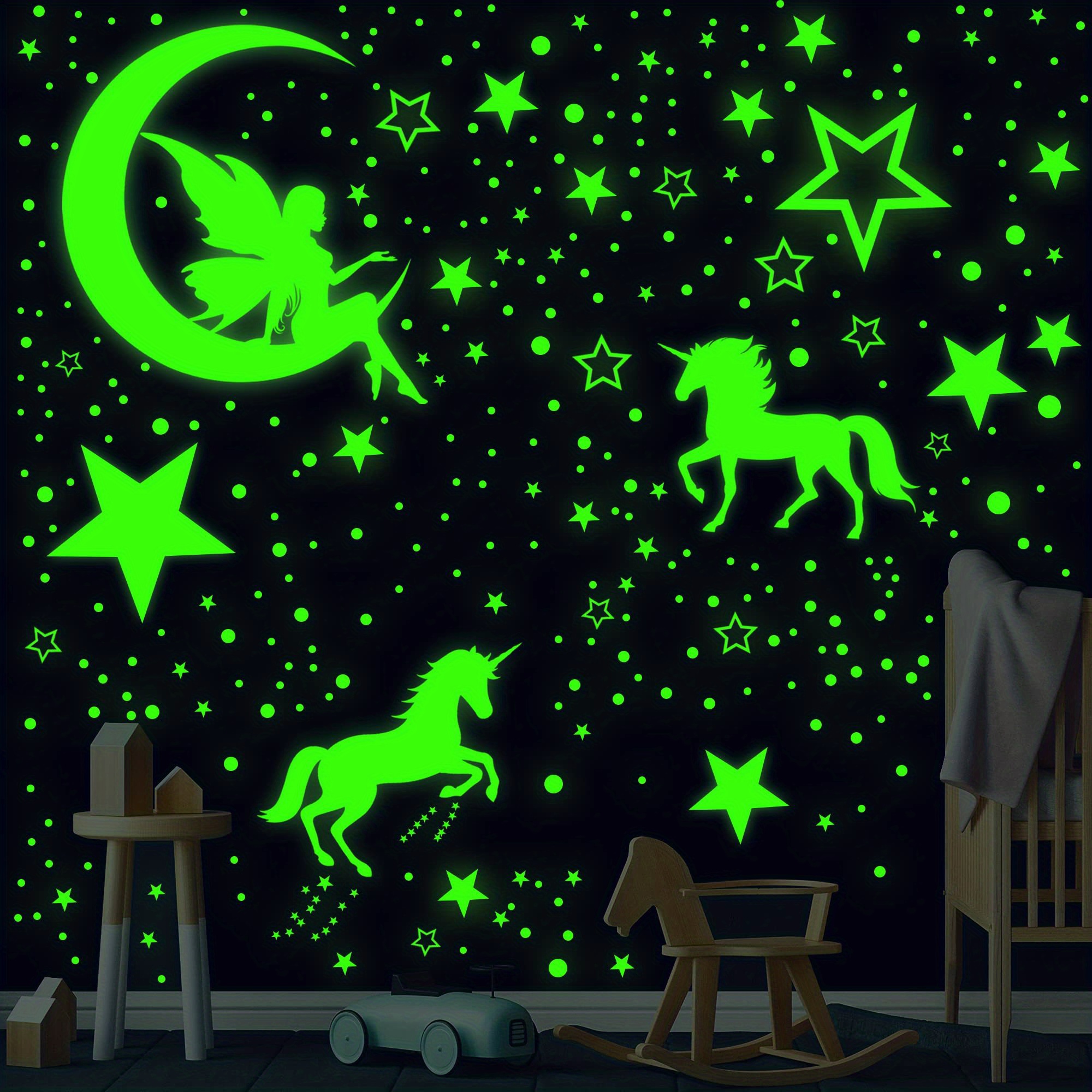 MESU Glow in The Dark Stickers Unicorn Wall Decals Moon Fairy Luminous  Ceiling Decor for Girls Kids Room Nursery Unicorn