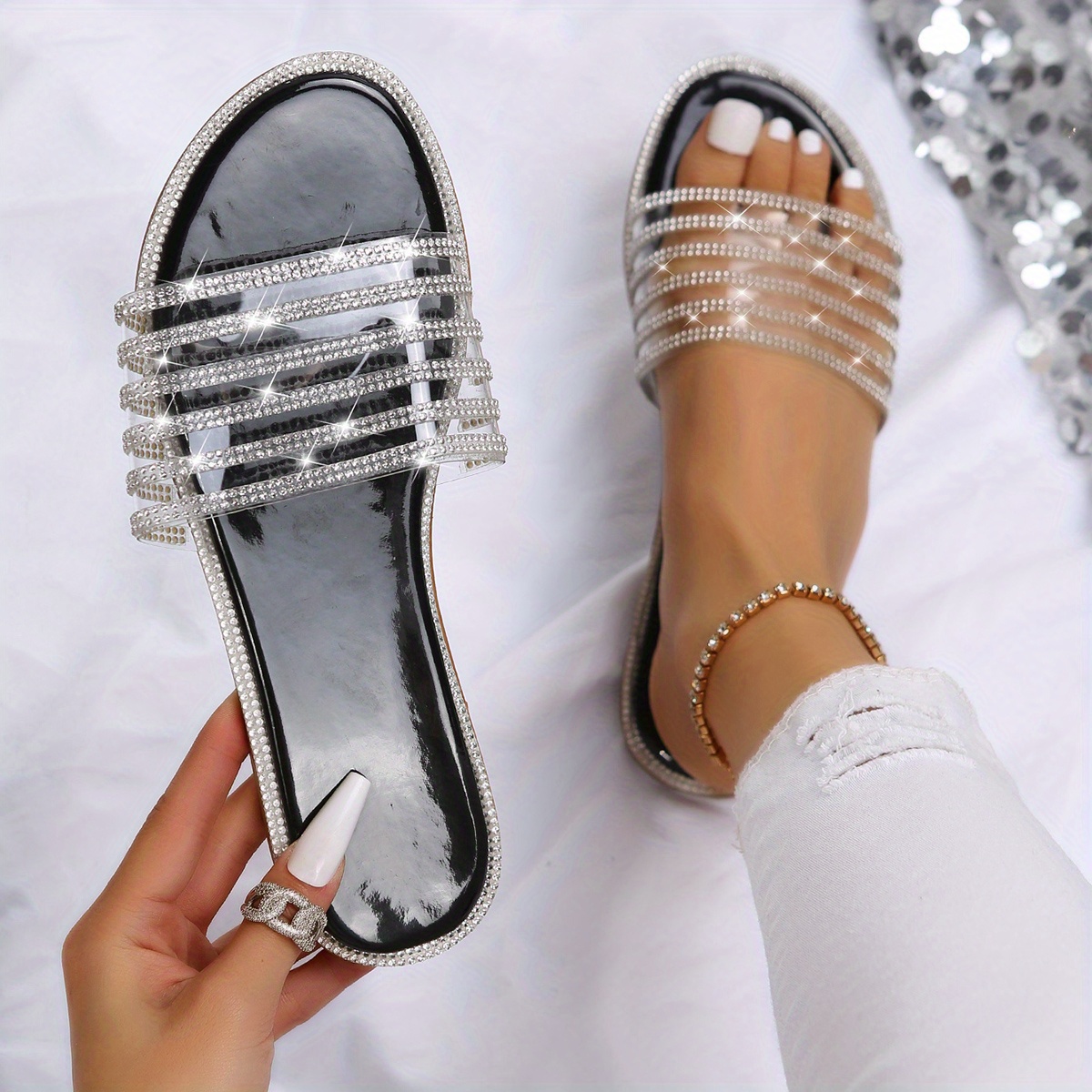 Women Rhinestone Decor Flat Sandals, Glamorous Apricot Slide Sandals For  Summer