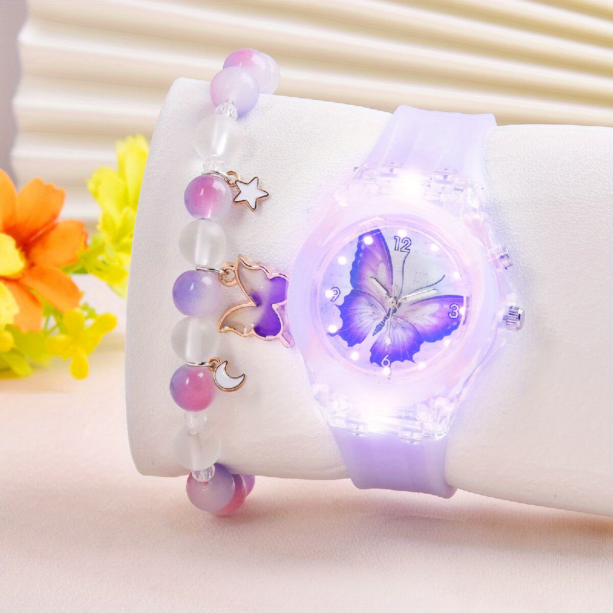 2pcs Lindo Reloj Cuarzo Mariposa Morado Pulsera Cristal - Temu