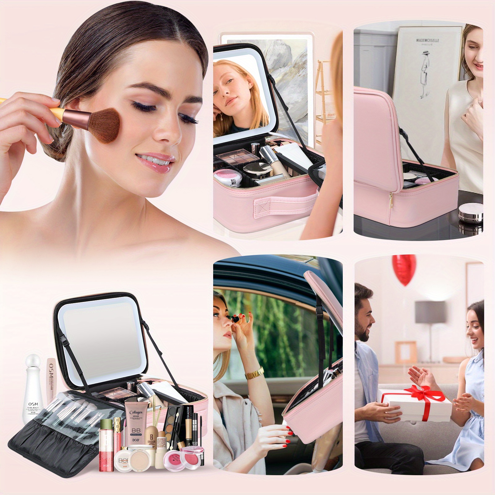 lighted makeup travel train case with mirror led light 3 adjustable brightness cosmetic bag portable storage adjustable partition waterproof toiletry bag with makeup brushes holder gift for women details 5