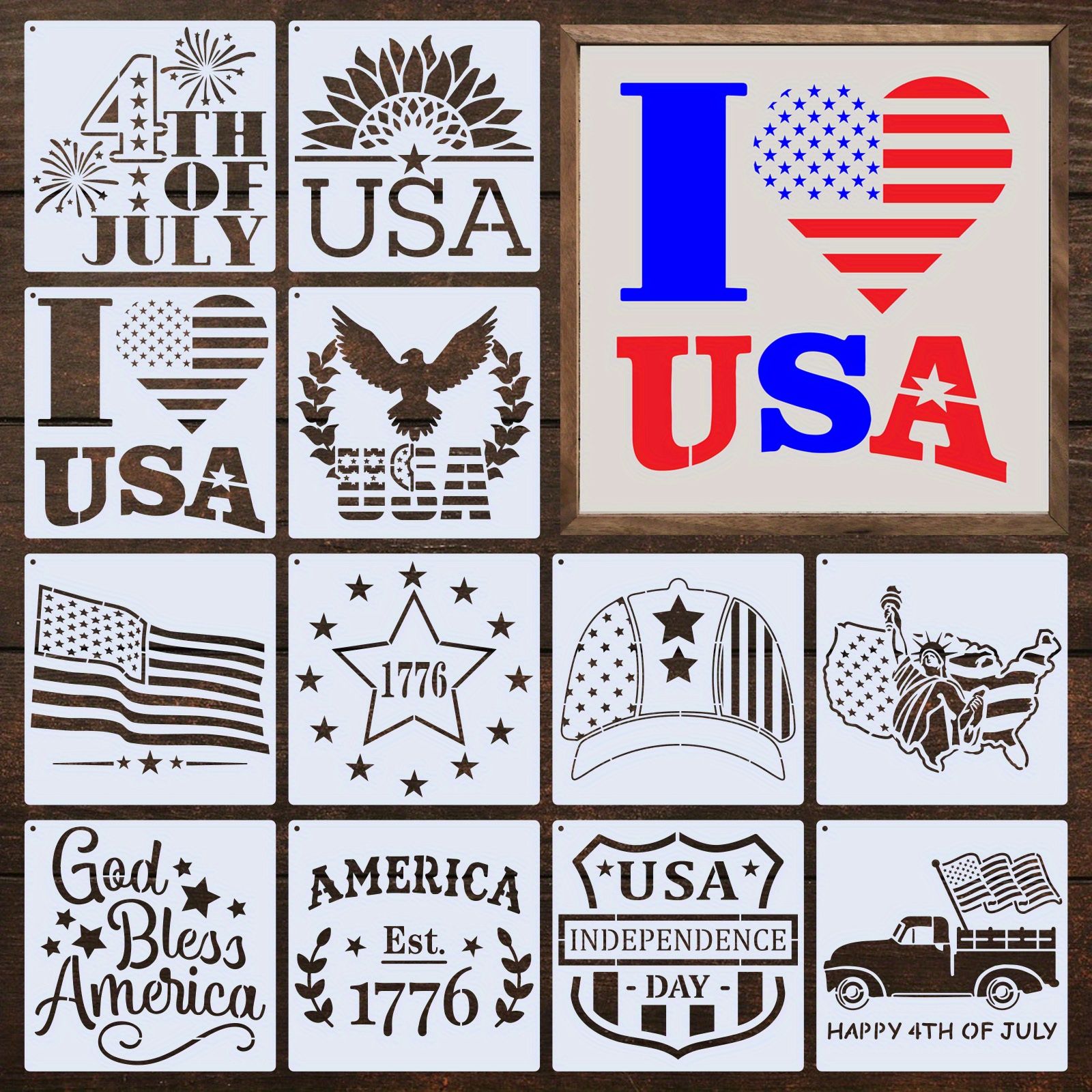  16 plantillas de feliz 4 de julio, plantilla de pintura del Día  de la Independencia, plantillas de dibujo patriótico reutilizables, incluye  mapa de bandera estadounidense, patrones de estrellas, plantilla de granja