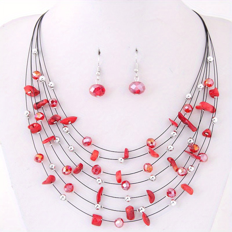 boho chic glittering crystal multi layer necklace and earrings set perfect gift for women   wear details 2