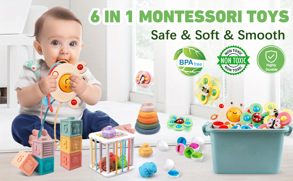 Juguetes Montessori 5 en 1 para bebés de 6 a 12 meses con anillos apilables  suaves, bloques de construcción apilables, juguete giratorio de ventosa