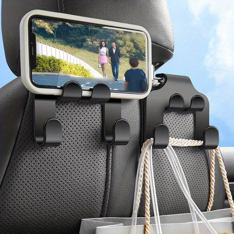 SCOVVORD Auto Kopfstütze Versteckter Haken mit Telefonhalterung,  Autositzhaken für Geldbörsen und Taschen, Universal 360° Drehung Kopfstütze  Haken
