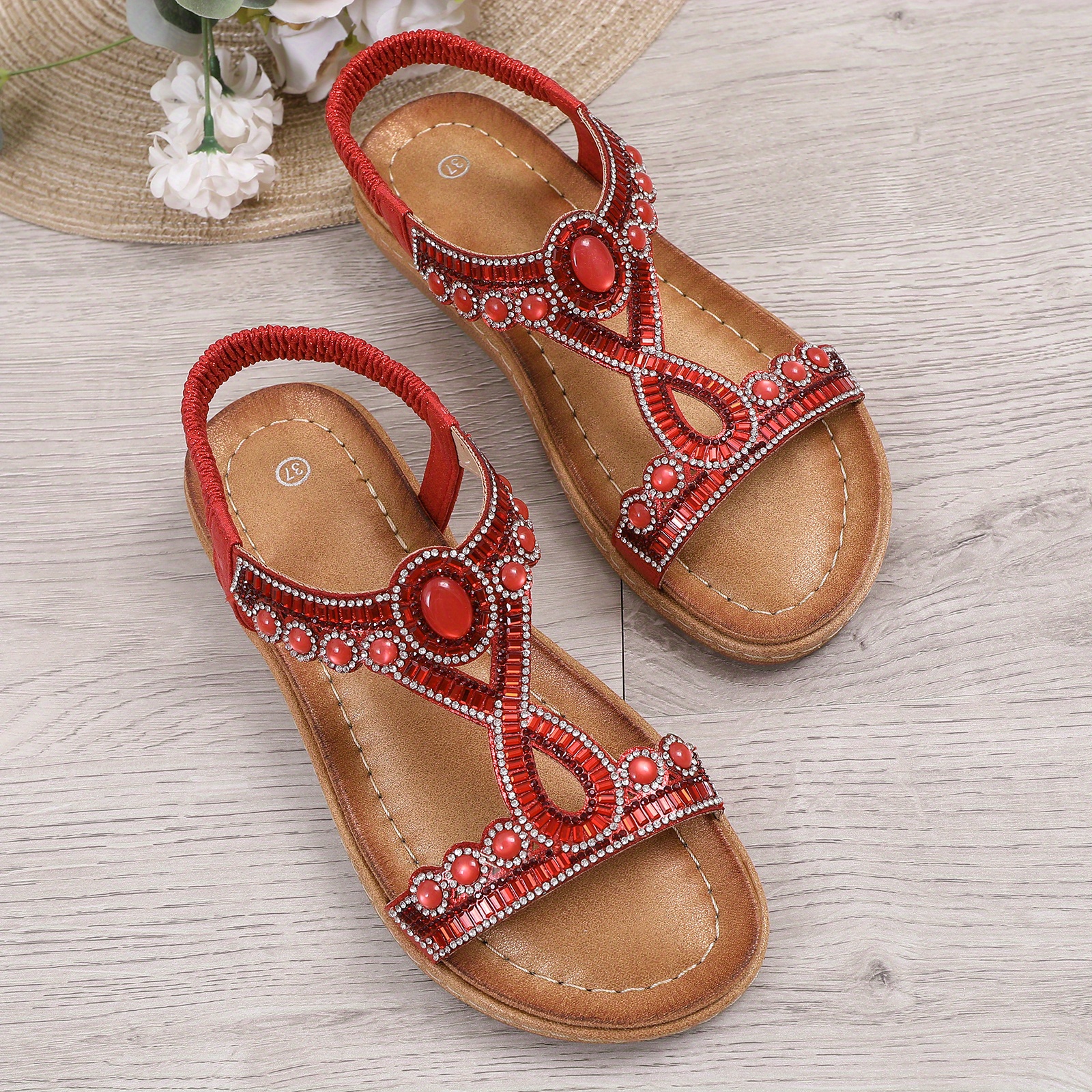 Women's Rhinestone Flat Sandals Open Round Toe Elastic Strap Temu