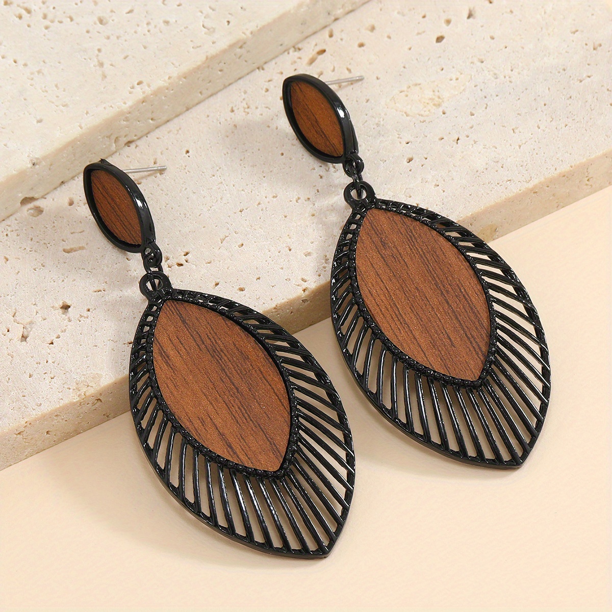 Image of Creative New Leaf Shaped Wood Earrings Fashionable And Vintage Alloy Wood Grain Wood Earrings For Women