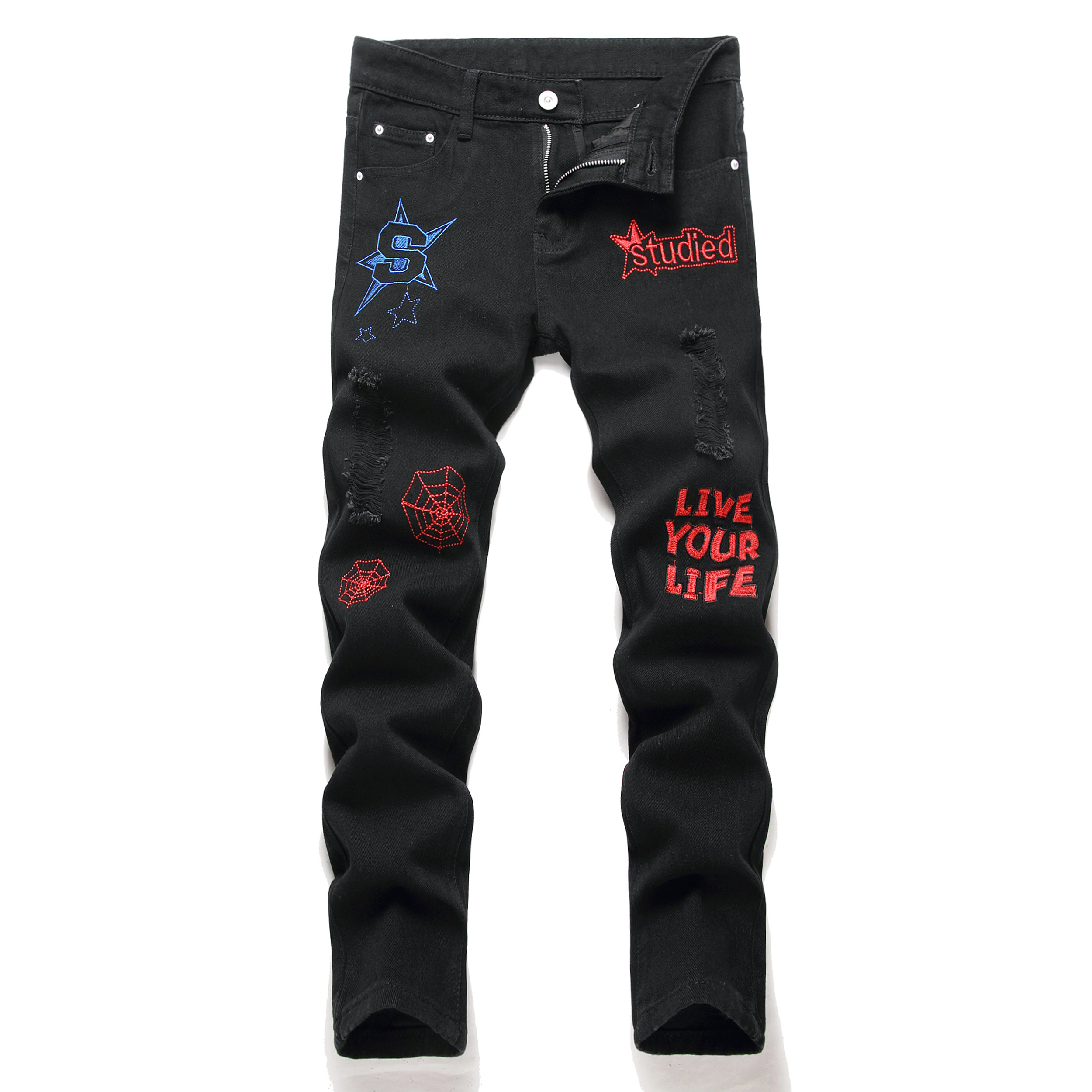 Boys Graffiti Letter Embroidered Jeans Skinny Slim Fit - Temu