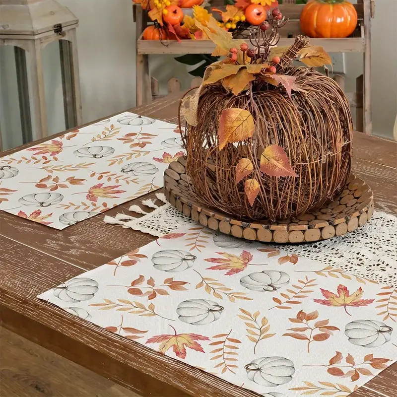 1 4 pcs autumn thanksgiving style table runner placemat pumpkin maple leaf printed tablecloth table table tv cabinet fireplace festive atmosphere decorative fabric supplies details 26
