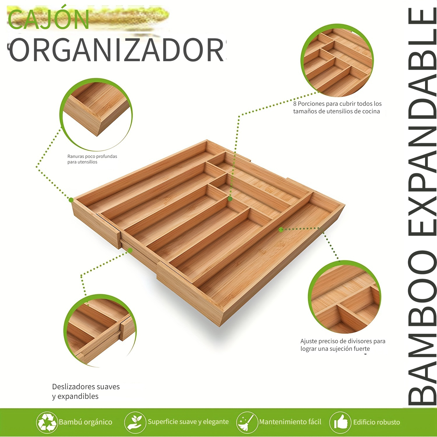 1pc Organizador Cajón Extensible Bambú Soporte Utensilios - Temu
