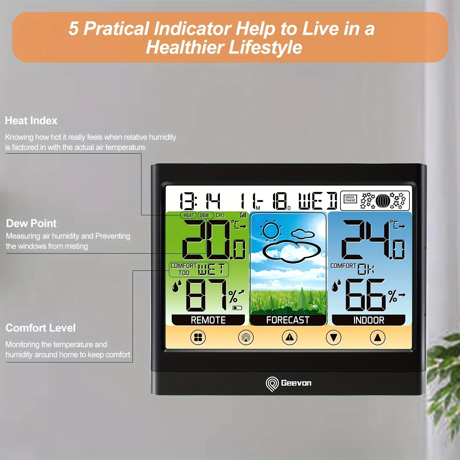 Geevon Weather Station Wireless Indoor Outdoor Thermometer, Color Display  Weather Thermometer, Digital Temperature Gauge with Barometer, Calendar,  USB