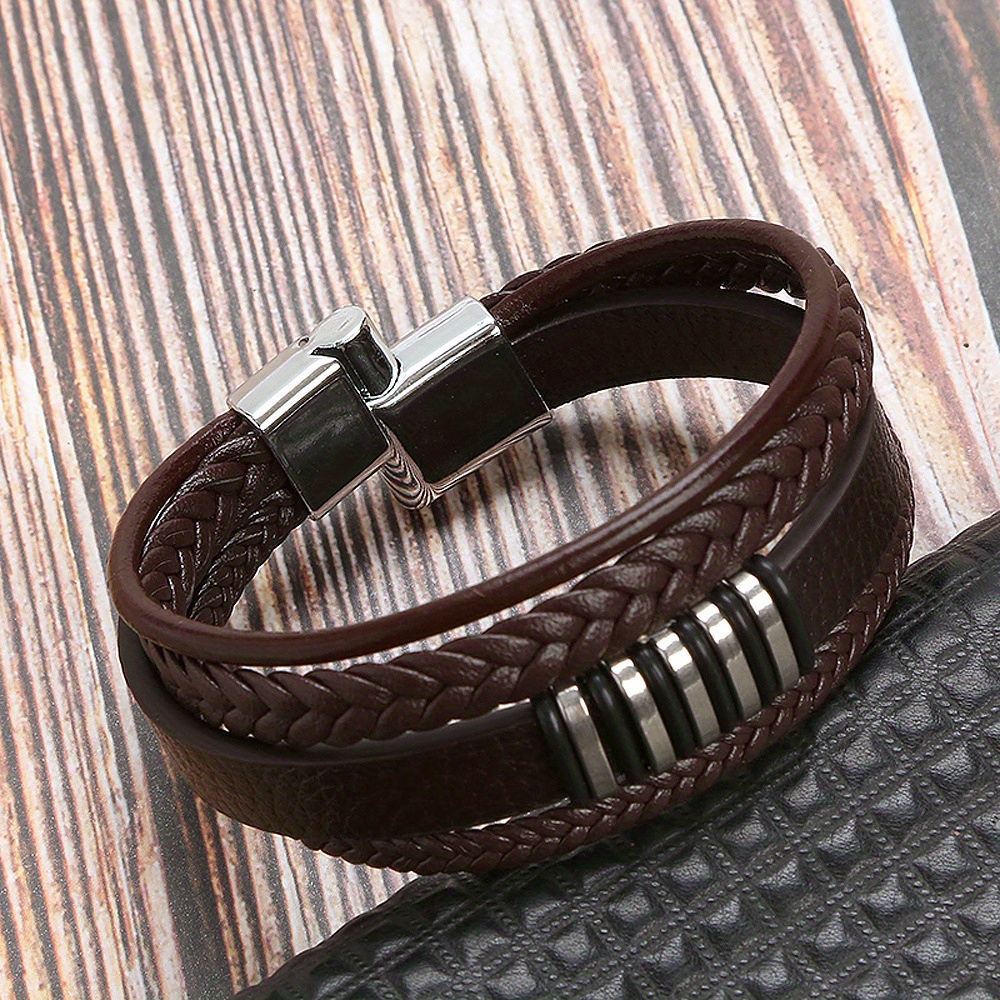 Braided Genuine Leather Bracelet Men with Stainless Steel Buckle