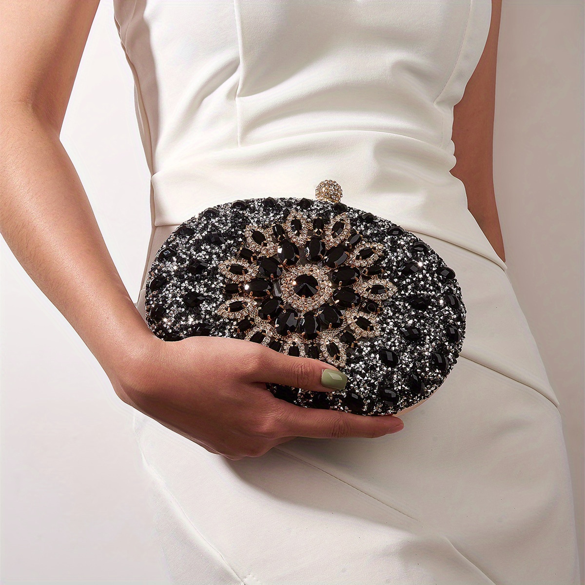 Full Sparkling Clutch Black Lace Evening Bag made w Swarovski Crystal Ring  Clasp