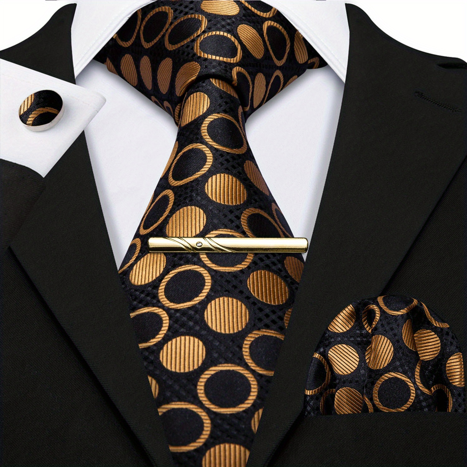 Black&Gold Silk Floral Paisley Necktie Set