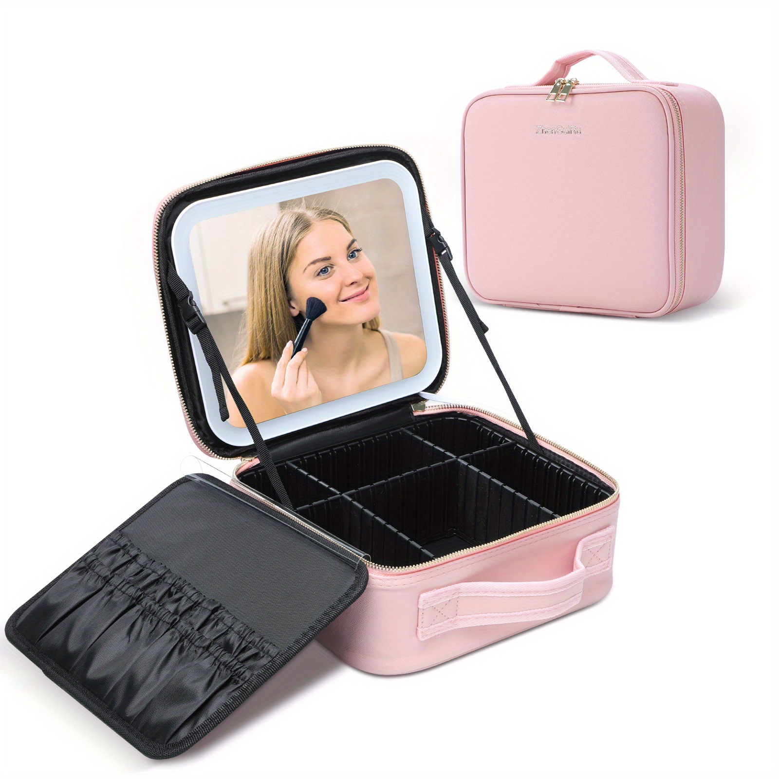 lighted makeup travel train case with mirror led light 3 adjustable brightness cosmetic bag portable storage adjustable partition waterproof toiletry bag with makeup brushes holder gift for women details 0