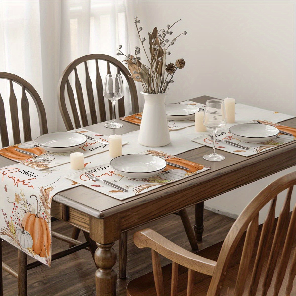 1 4 pcs autumn thanksgiving style table runner placemat pumpkin maple leaf printed tablecloth table table tv cabinet fireplace festive atmosphere decorative fabric supplies details 13