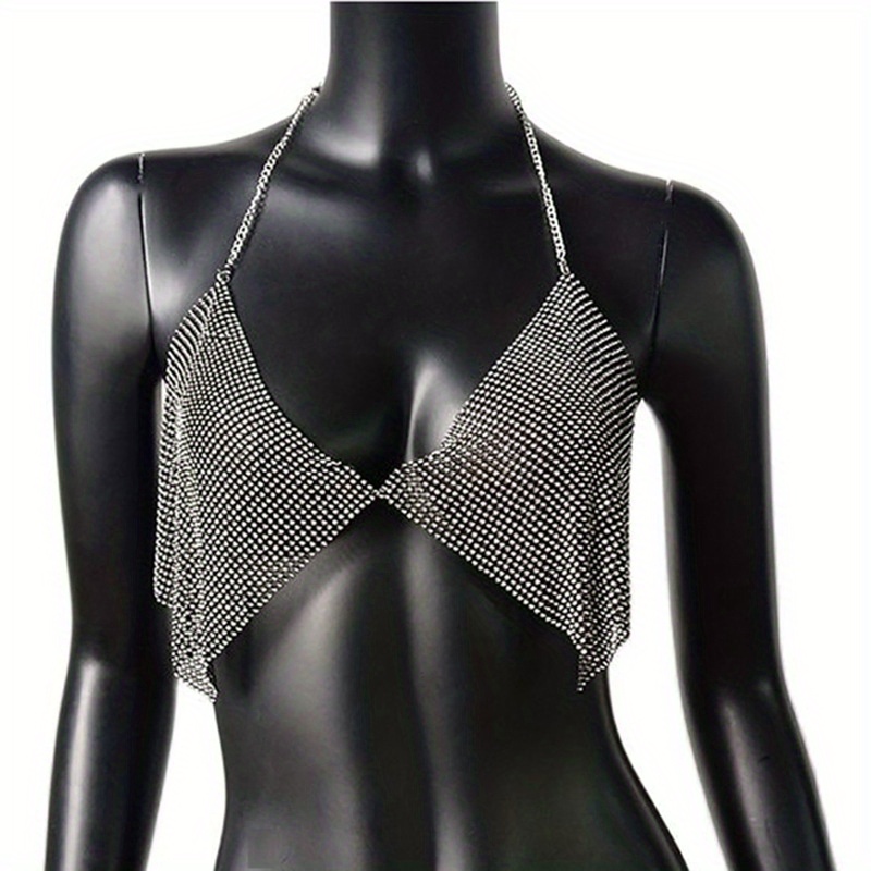  Foyte Mesh Rhinestones Body Chain Bikini Backless Halter Crop  Top Bra Cover Up Sliver Sexy Women Tank Tops Rave Body Jewelry for  Nightclub Carnival Party : Clothing, Shoes & Jewelry