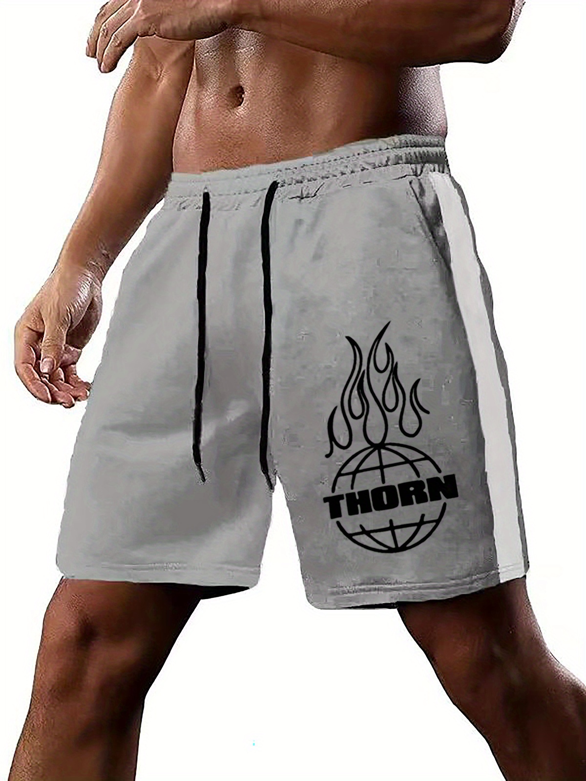 Mens Globe Flames Graphic Print Shorts With Drawstring For Sports Plus