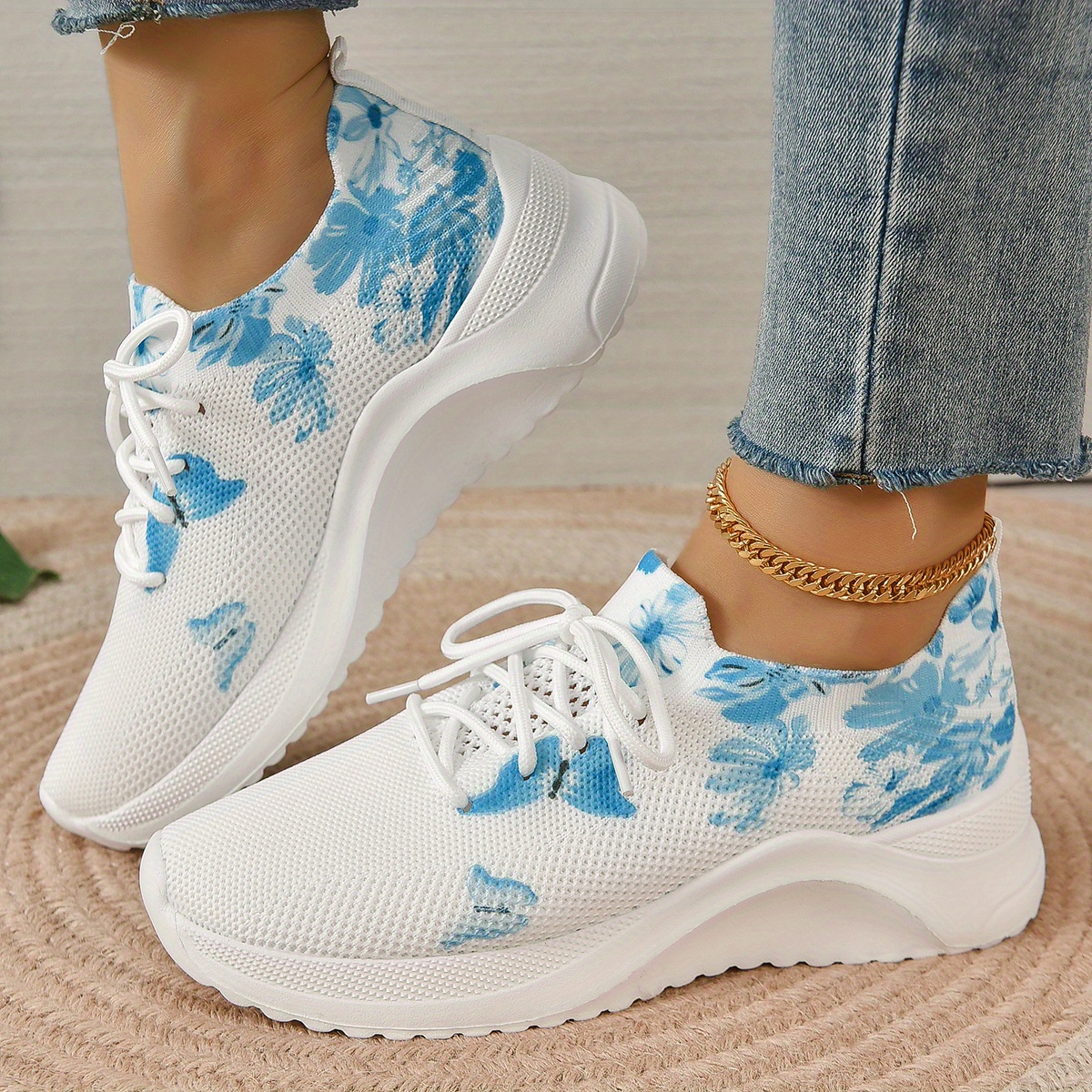 Women's Blue Butterfly Knitted Breathable Lace-up Casual Sports Shoes