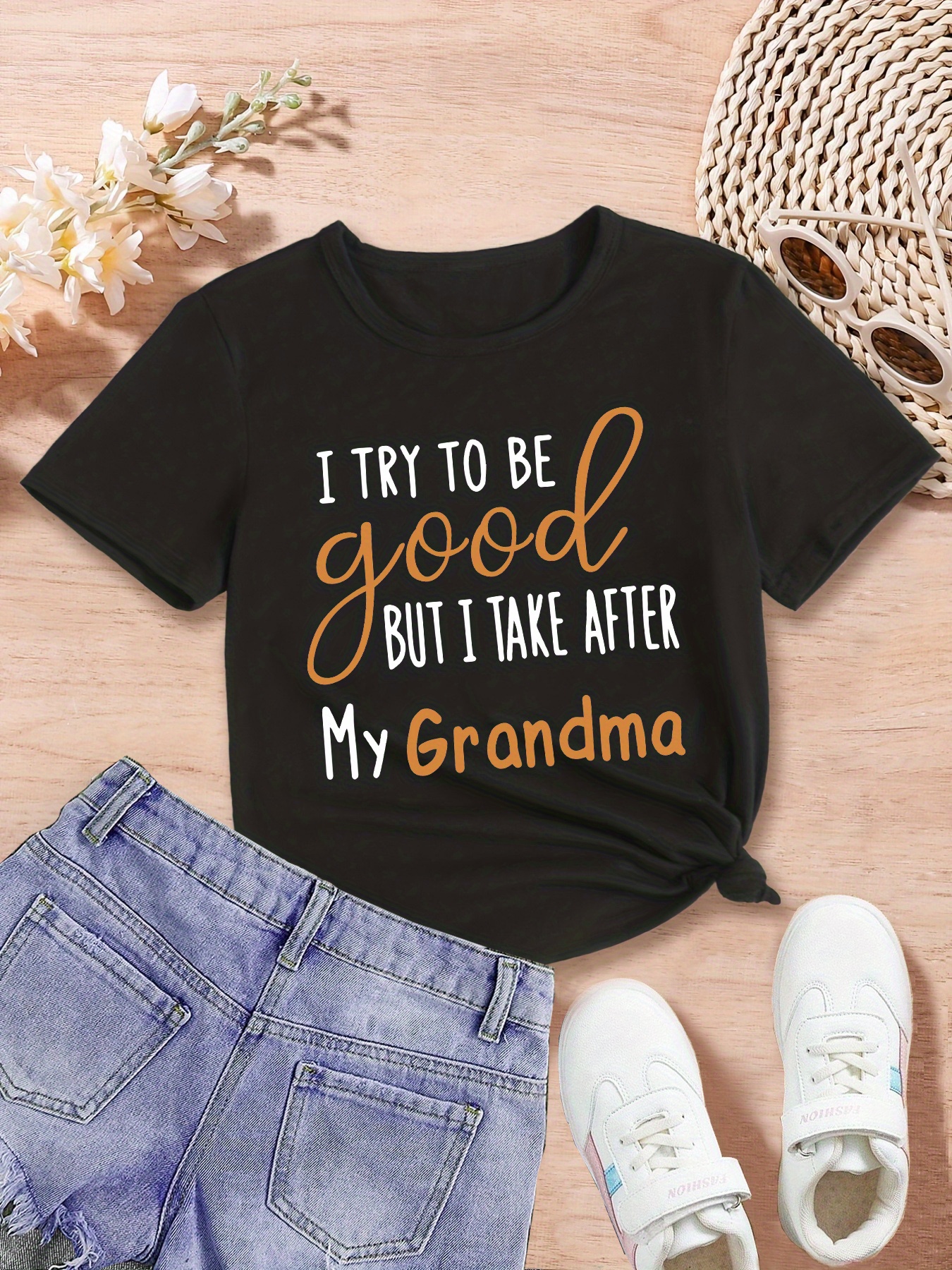 Girls Casual T-shirt ''try To Be Good But I Take After My Grandma'' Letter  Print Kids Cute Short Sleeve Tee Summer Tops Clothes - Temu