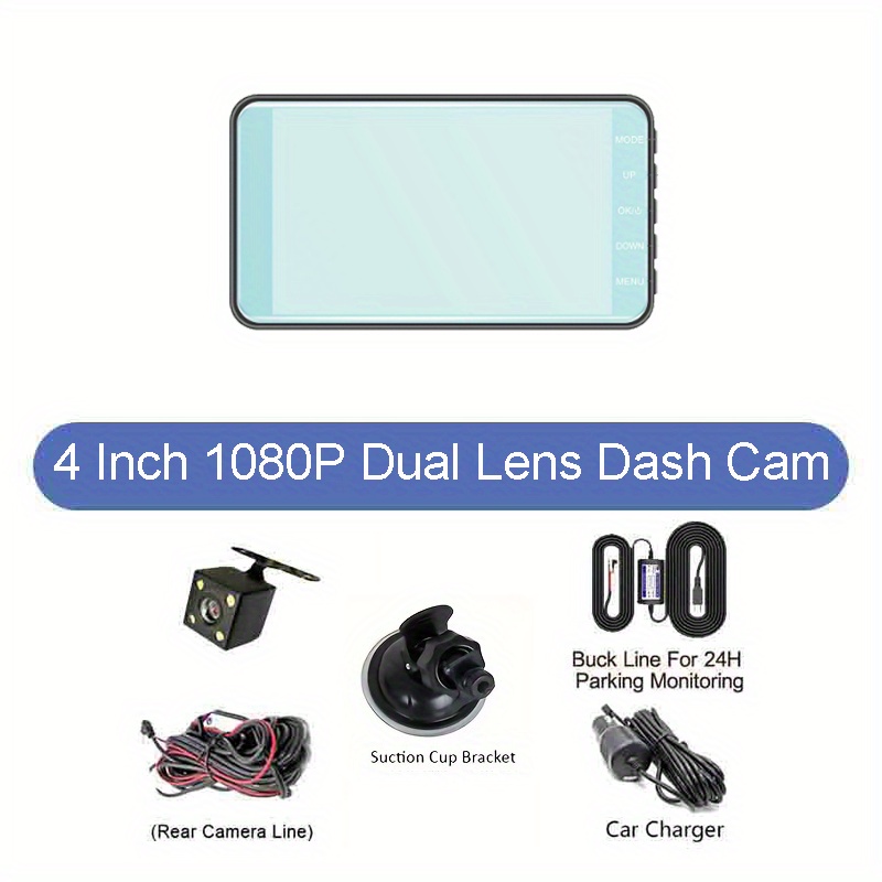 Car Dash Cam 1296p 4.0 pulgadas Ips Pantalla Coche Cámara trasera 1080p  Doble lente delantera y trasera Coche Dvr Grabadora de conducción