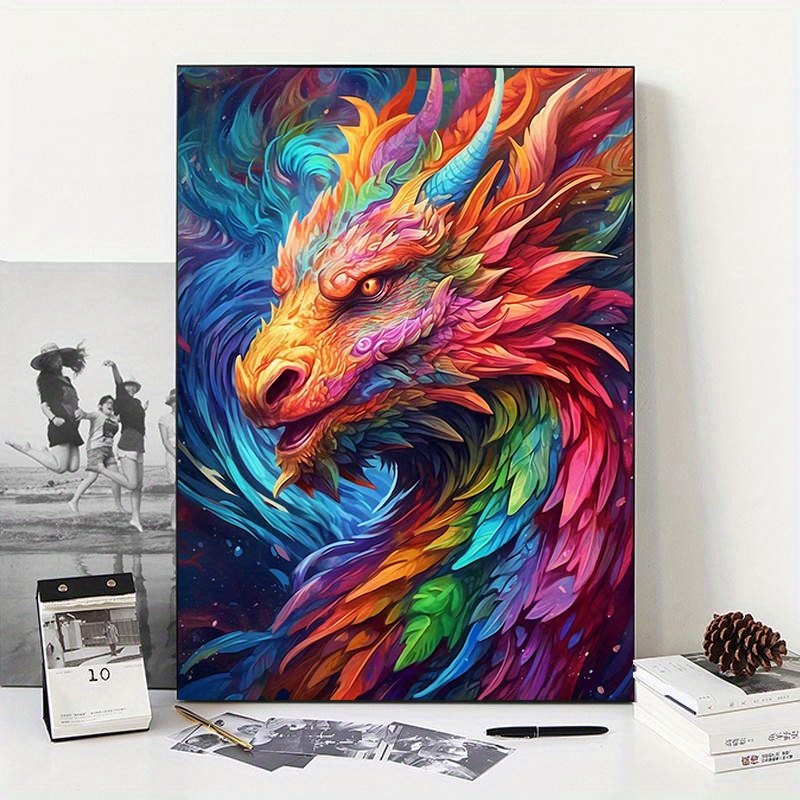 Diamond Painting picture, colorful dragon, round stones, 60x60cm, 60  colors, full image