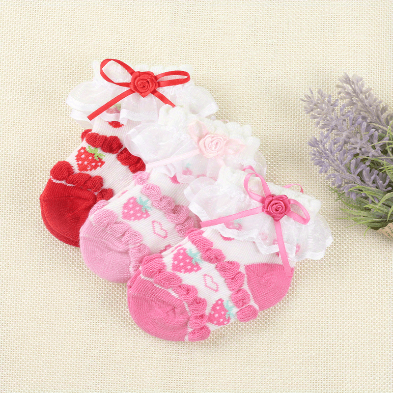 3 Pairs Of 0-6 Month Old Baby Girls Socks, Strawberry Jacquard Bowknot Decorated Lace Socks, Fruit Patterned Baby Socks