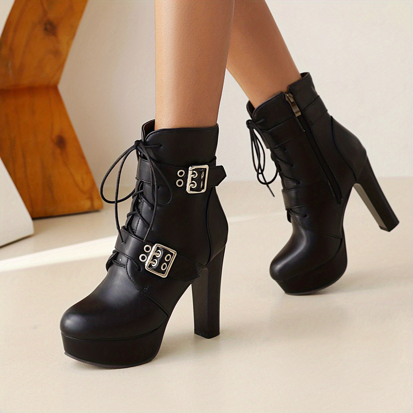 Women's Buckle Strap Ankle Boots Lace Up Block Heels