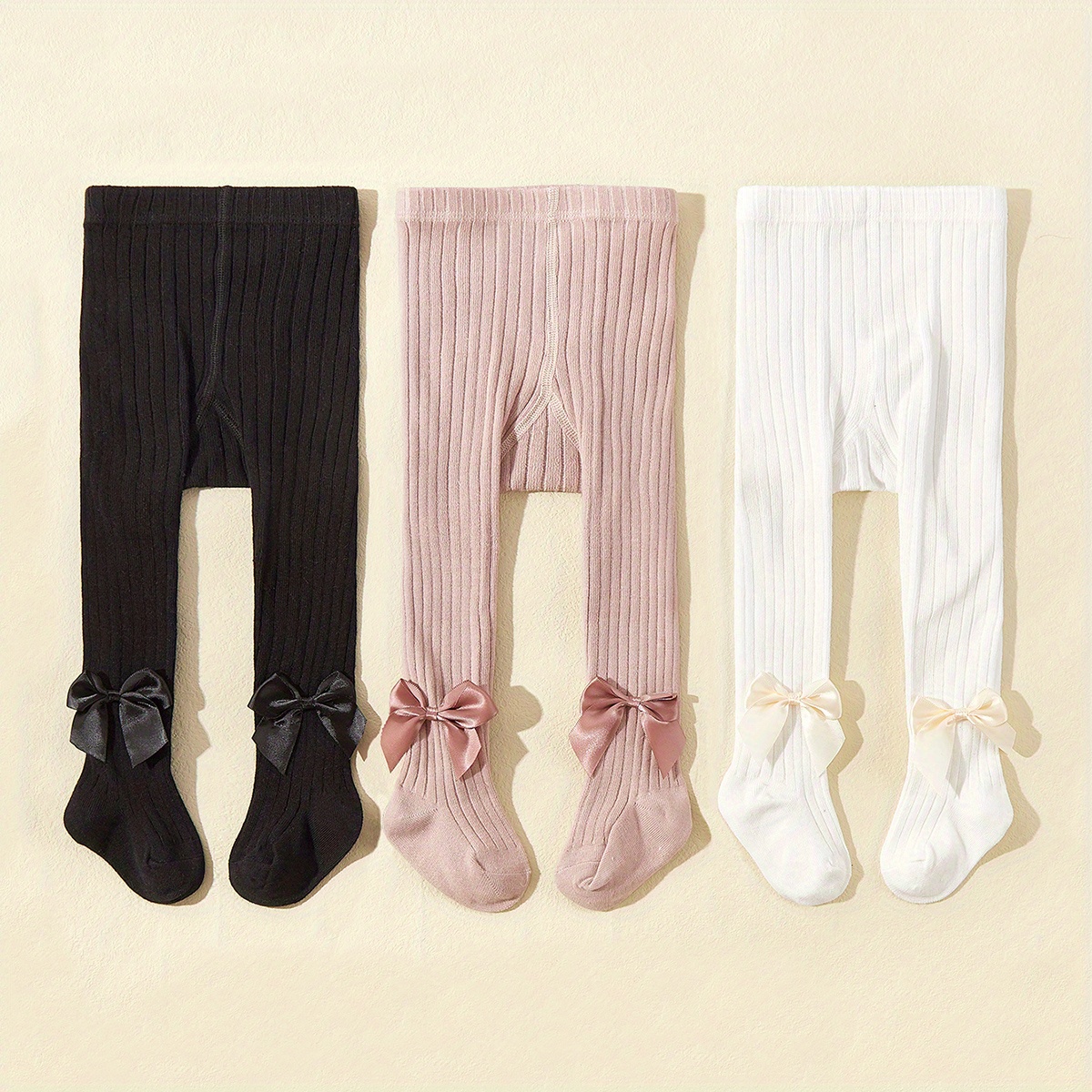 3pcs Baby Girl' Color Ribbed Knit Tights With Bow Accents - Black, Pink, White, Polyester & Elastane Blend, Hand Wash Only, Autumn/winter Infant Leggings, Baby Girl Outfit, , Soft Texture