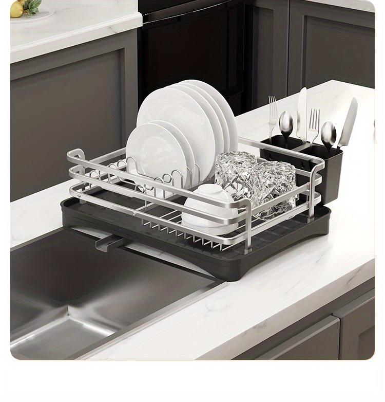 Aluminum Dish Drying Rack, ROTTOGOON Rustproof Dish Rack and Drainboard Set  with Drainage, Utensil Holder, Cup Holder, Compact Dish Drainer for