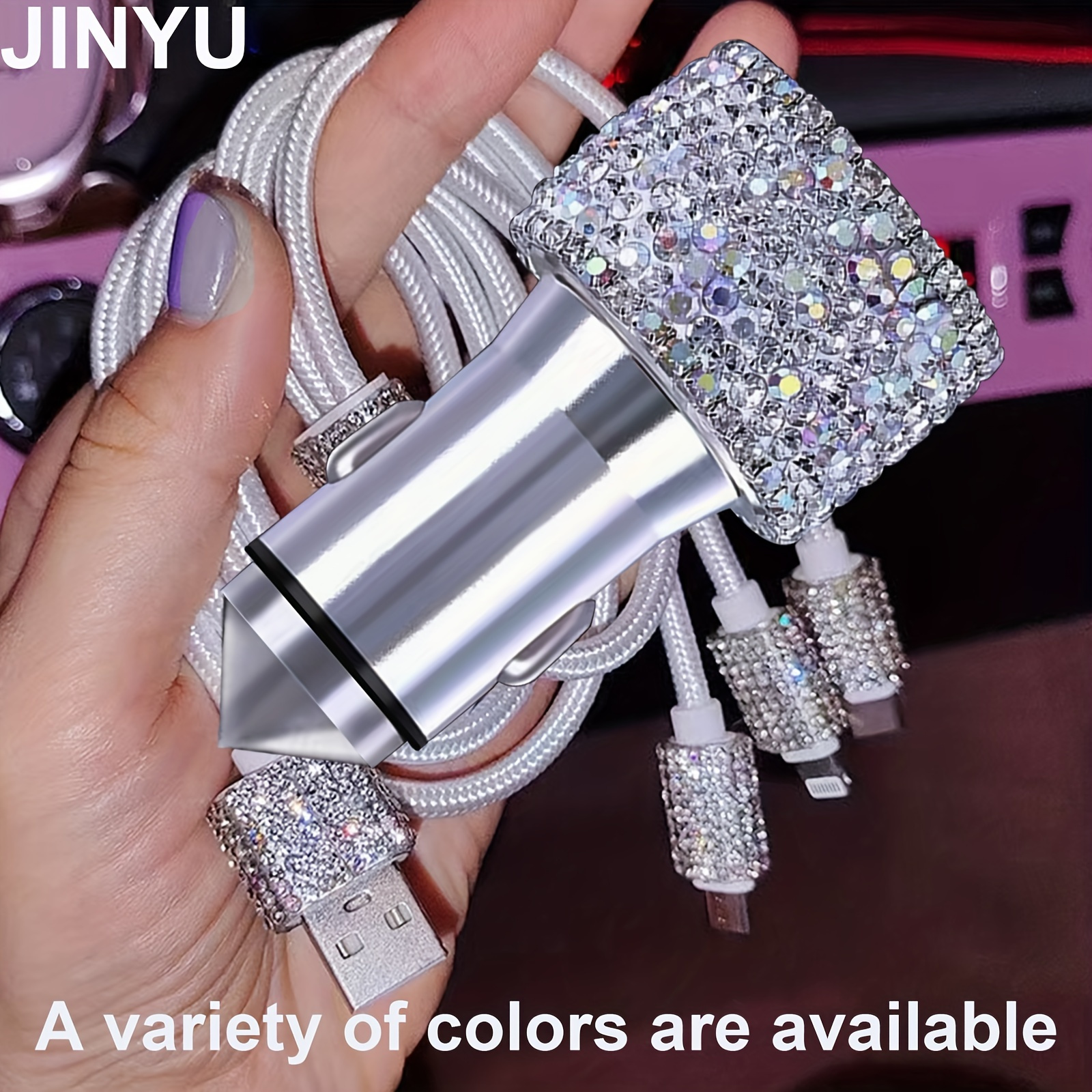 Jinyu Bling Usb Car Charger 5v/3.1a White Crystal Trim Two-port Fast  Adapter With Nylon Type C/micro-usb 3-in-1 Multi-charging Cable Temu